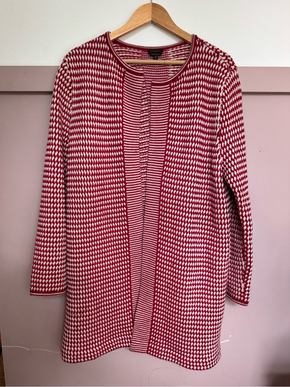 Talbots 100% merino wool Red & White Knit Open Cardigan